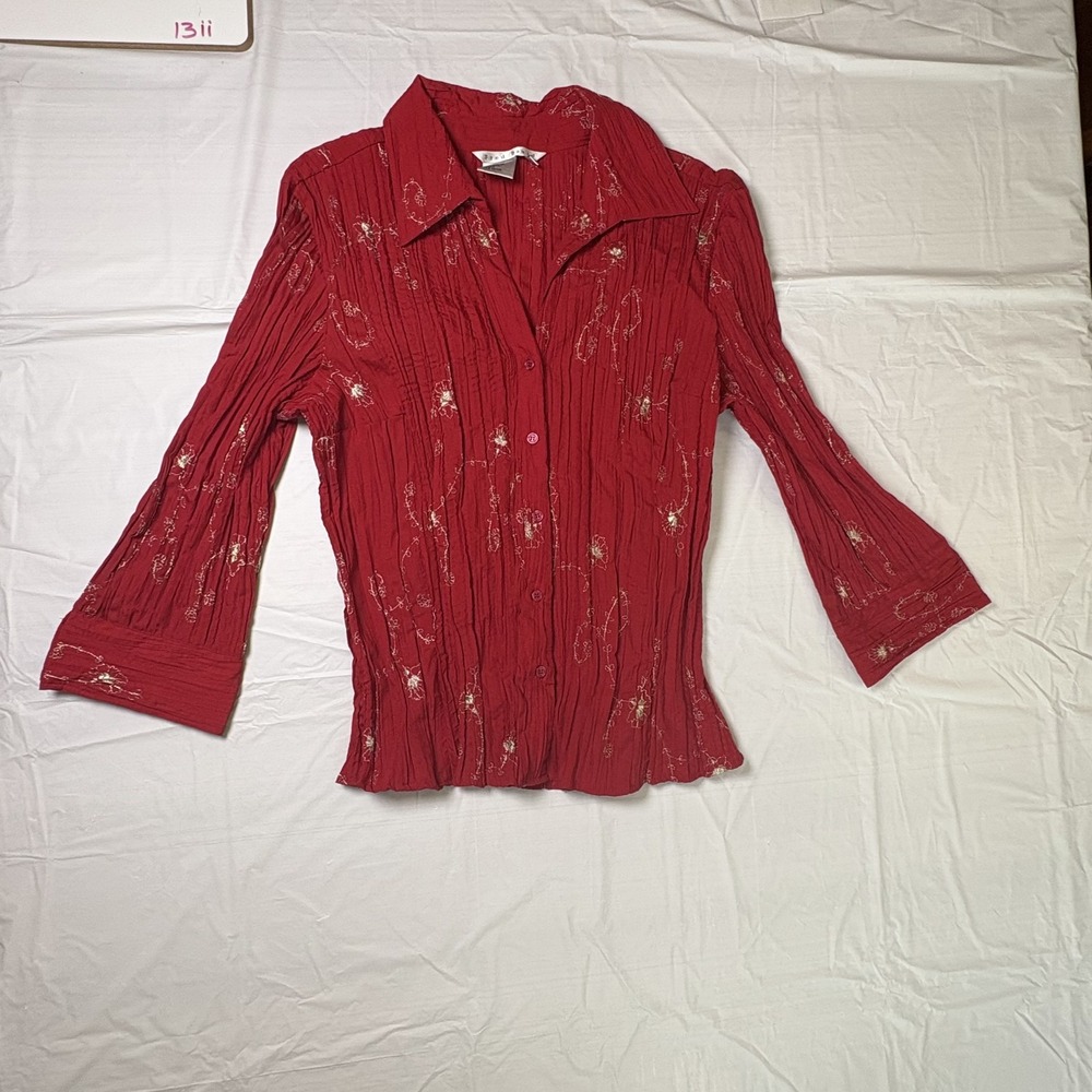 Women's Fred David red long-sleeve button up embroidered blouse, size XL